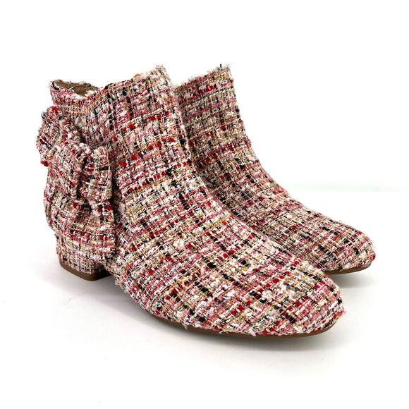 Copper Key Savvy Pink Plaid Metallic Tweed Bow Boots Big Girls Size 4 Block Heel - Picture 1 of 8